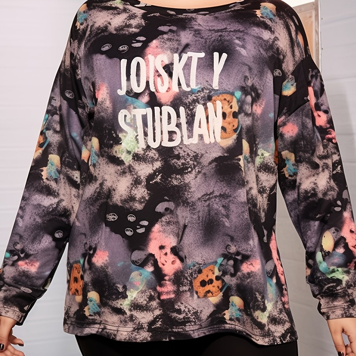 Tie Dye & Letter Print Long Sleeve Crew Neck Tee