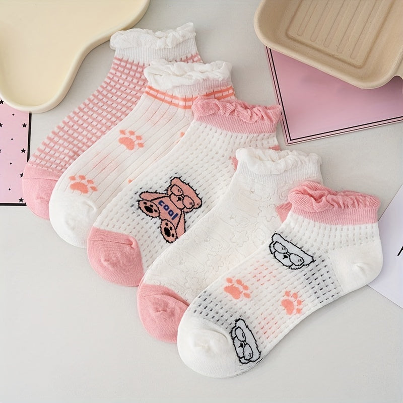 5 Pairs Bear Print & Ruffle Ankle Socks Women's Stockings