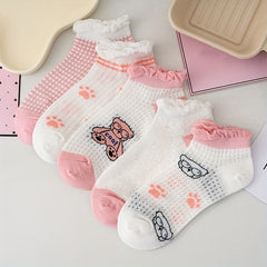 5 Pairs Bear Print & Ruffle Ankle Socks Women's Stockings