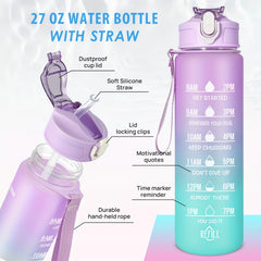 Gradient Water Bottle with Straw and Time Marker, Portable Leakproof Mot