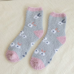 Floral Print & Colorblock Fuzzy Socks Set