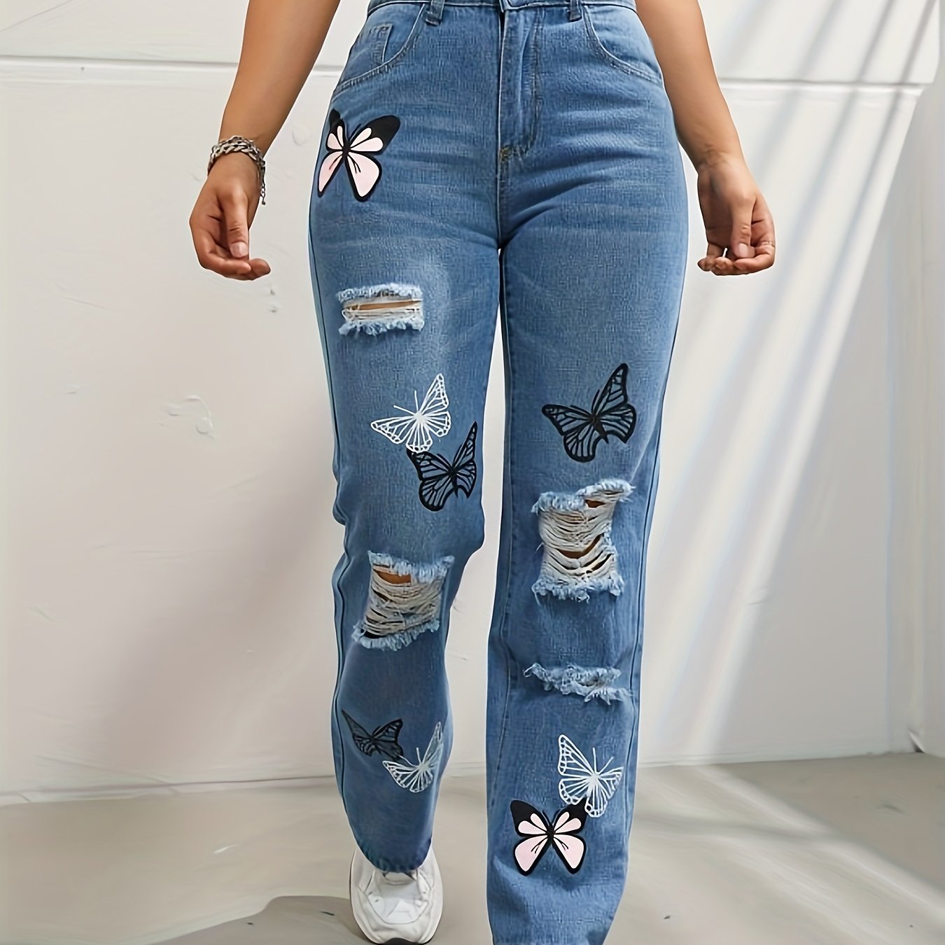Butterfly Print Ripped Hole Straight Jeans Non Stretch