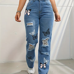 Butterfly Print Ripped Hole Straight Jeans Non Stretch