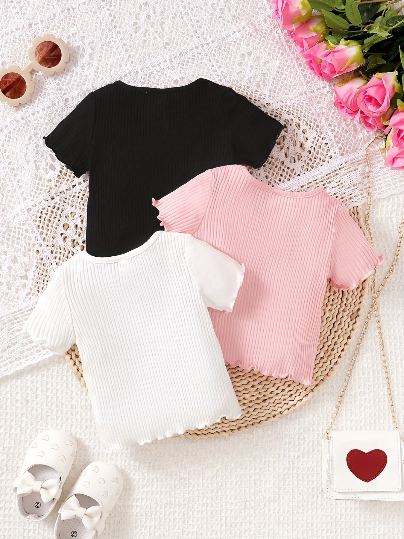 Baby Girls Summer Knitted Short Sleeve T-shirt 3pcs Set