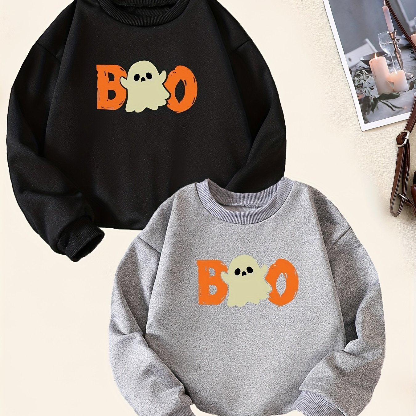 2pcs Boo Print Sweatshirt For Boys Casual Graphic Stretch Fabric Autumn Winter