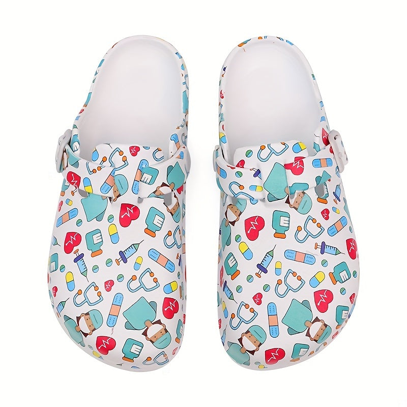 Women's Cartoon Doctor Print Clogs Lightweight Hollow Out Garden Shoes