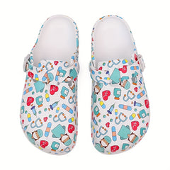 Women's Cartoon Doctor Print Clogs Lightweight Hollow Out Garden Shoes