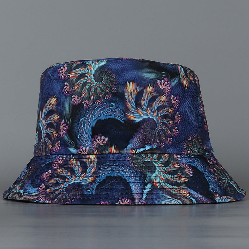 Casual Reversible Bucket Hat Vintage Swirl Feather Florets Print Fisherman Cap