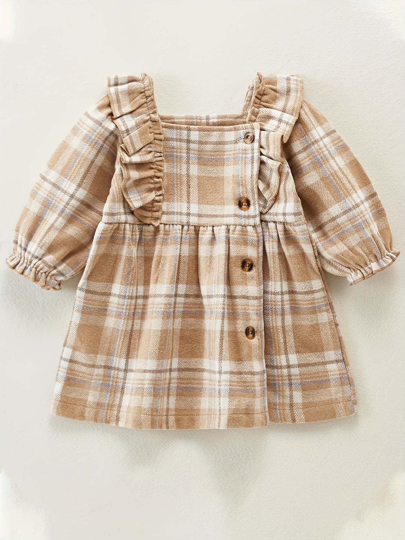 Baby Girl Plaid Print Ruffle Sleeves Thick Dress