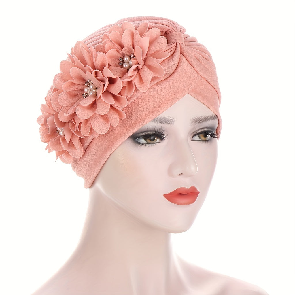 Flower Patch Ramadan Turban Cap Head Scarf Solid Chiffon Head Wrap