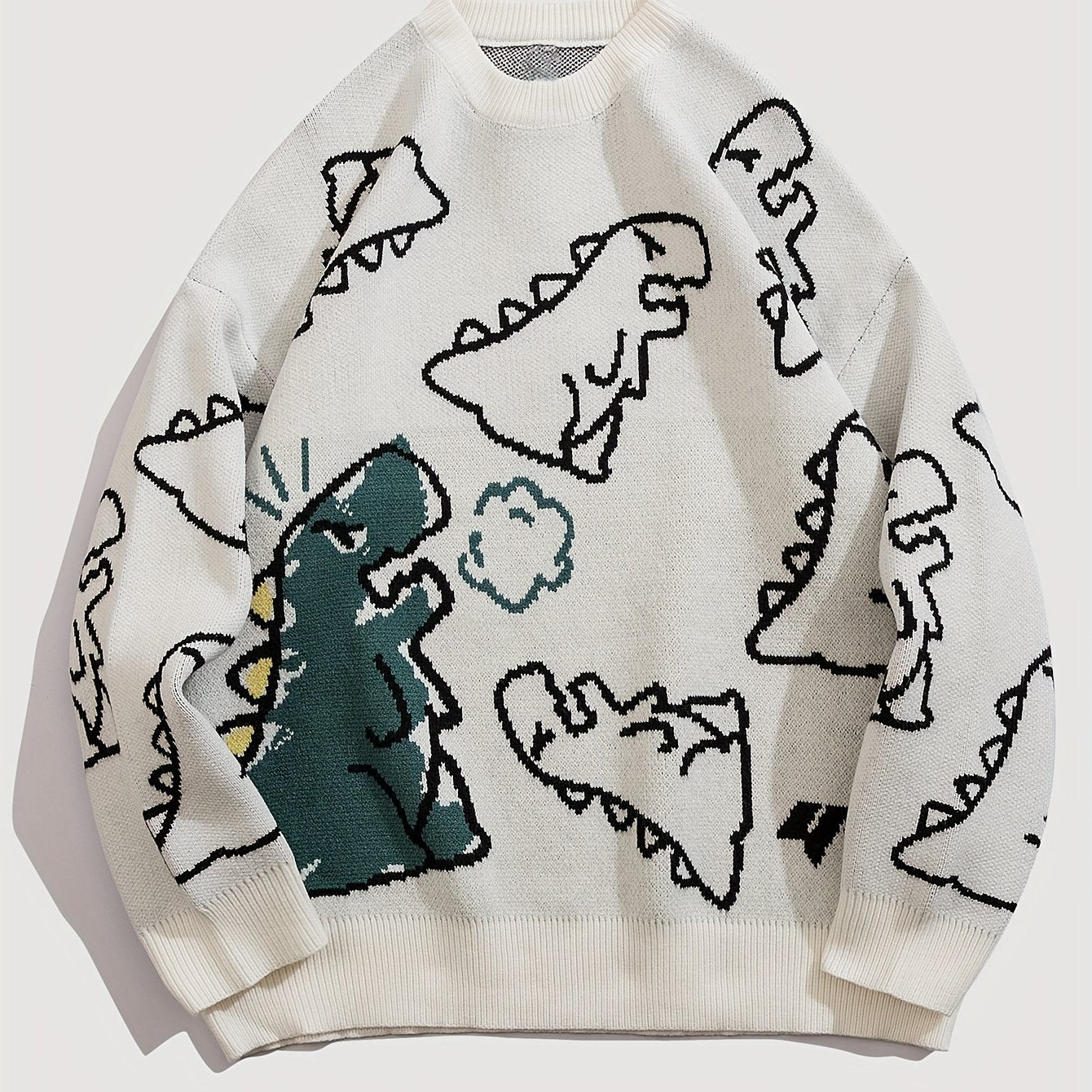 Dinosaur Pattern Knitted Sweater Men's Casual Warm Round Neck Pullover