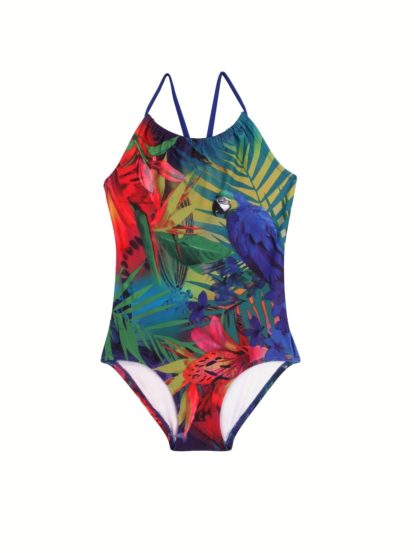 Girls Tropical Leaf Parrot Swimsuit Beachwear Round Neck