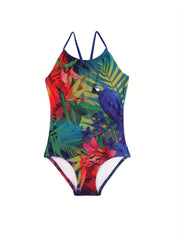 Toddlr Girl Plant & Parrot Graphic Cami Swimsuit Kids Beach Clothes