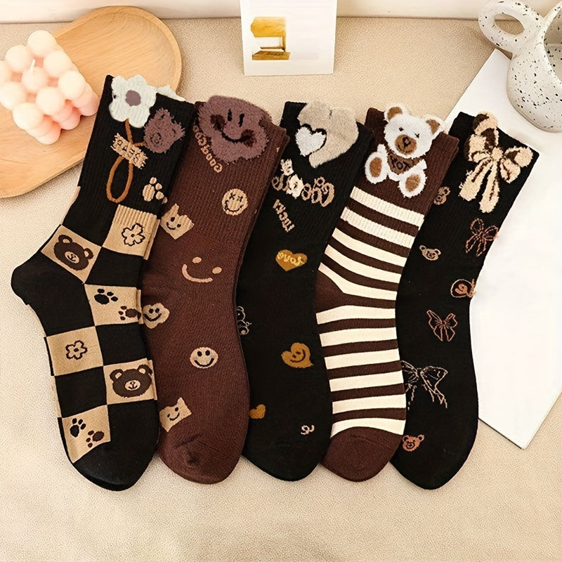 5 Pairs Bear & Smiling Print Socks Comfy & Mid Tube Socks Women's Stockings