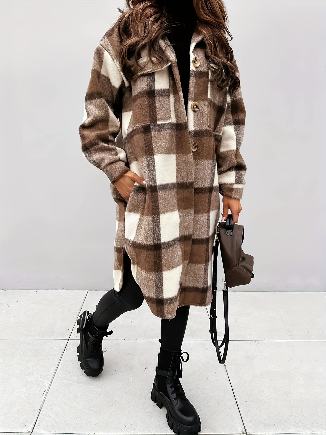 Plaid Print Shacket Jacket Casual Button Front Turn Down Collar