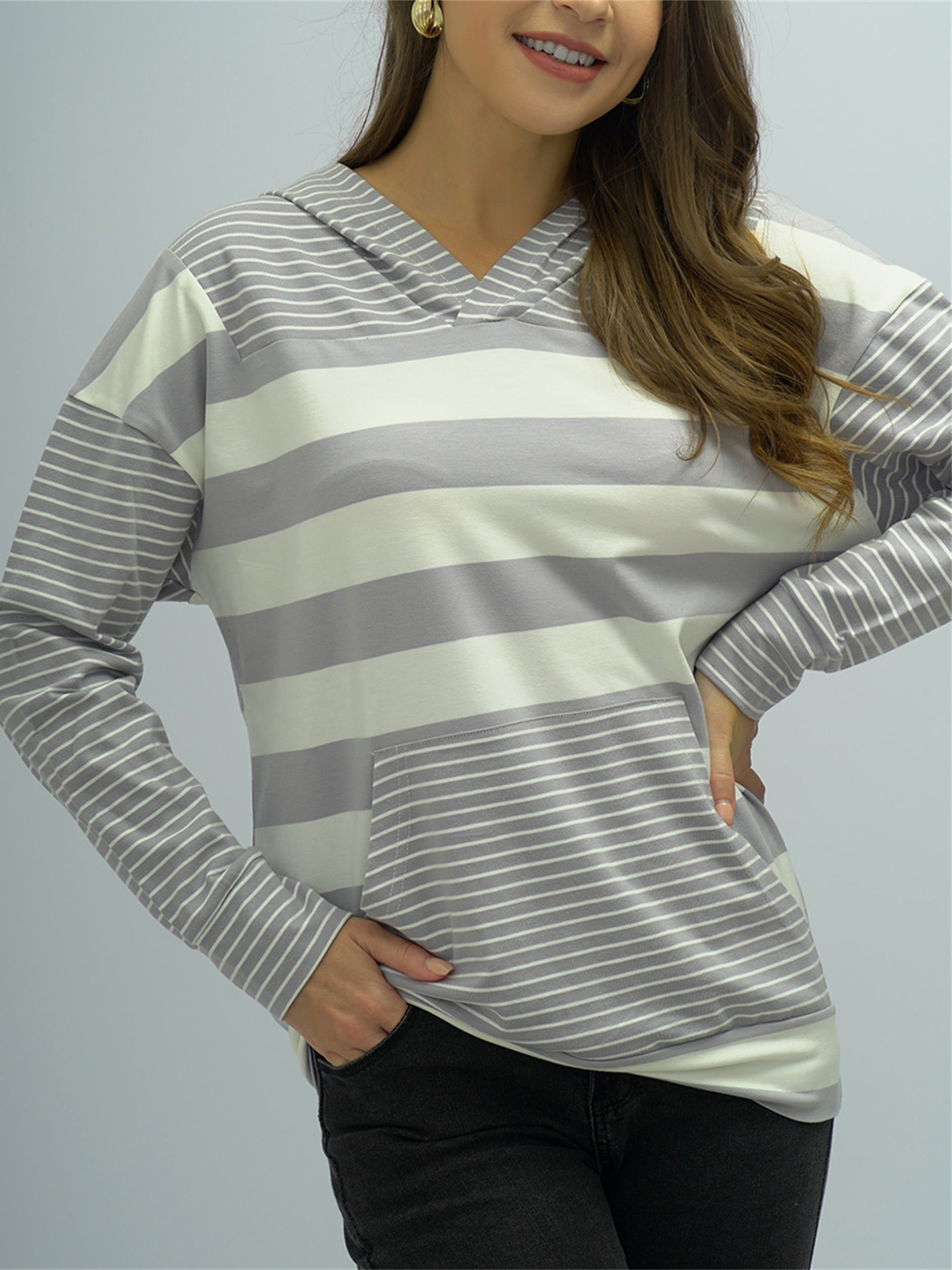 Women's Striped Hoodie Block Hooded Sweatshirt