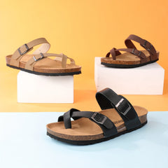 Women's Flat Cork Sandals Toe Loop Cross Strap Summer Sandals