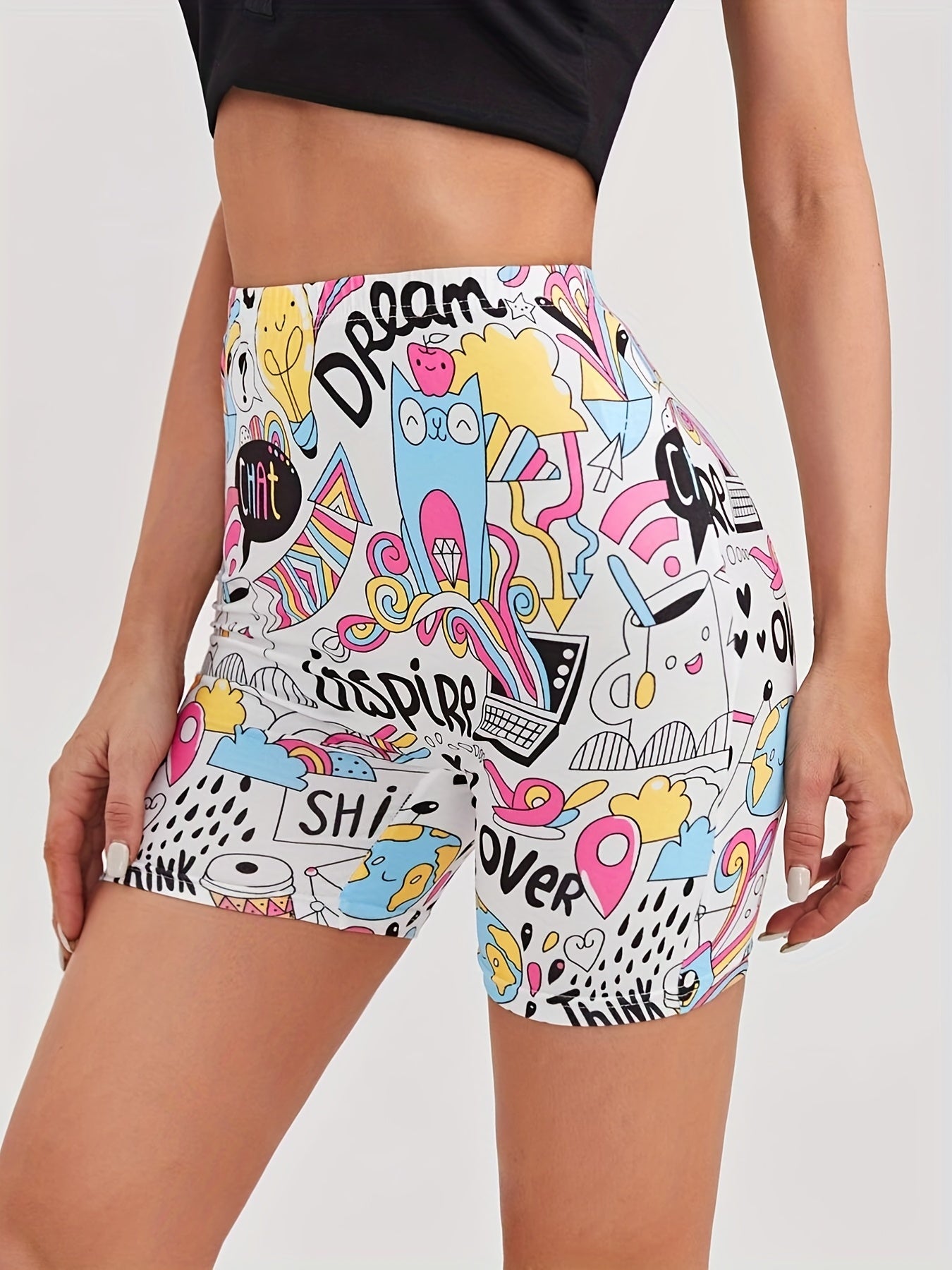 Cartoon Print Skinny Bike Shorts High Waist Summer Sports Casual Shorts