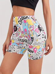 Cartoon Print Skinny Bike Shorts High Waist Summer Sports Casual Shorts