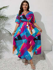 Casual Colorblock Geometric Print Maxi Dress With Belt