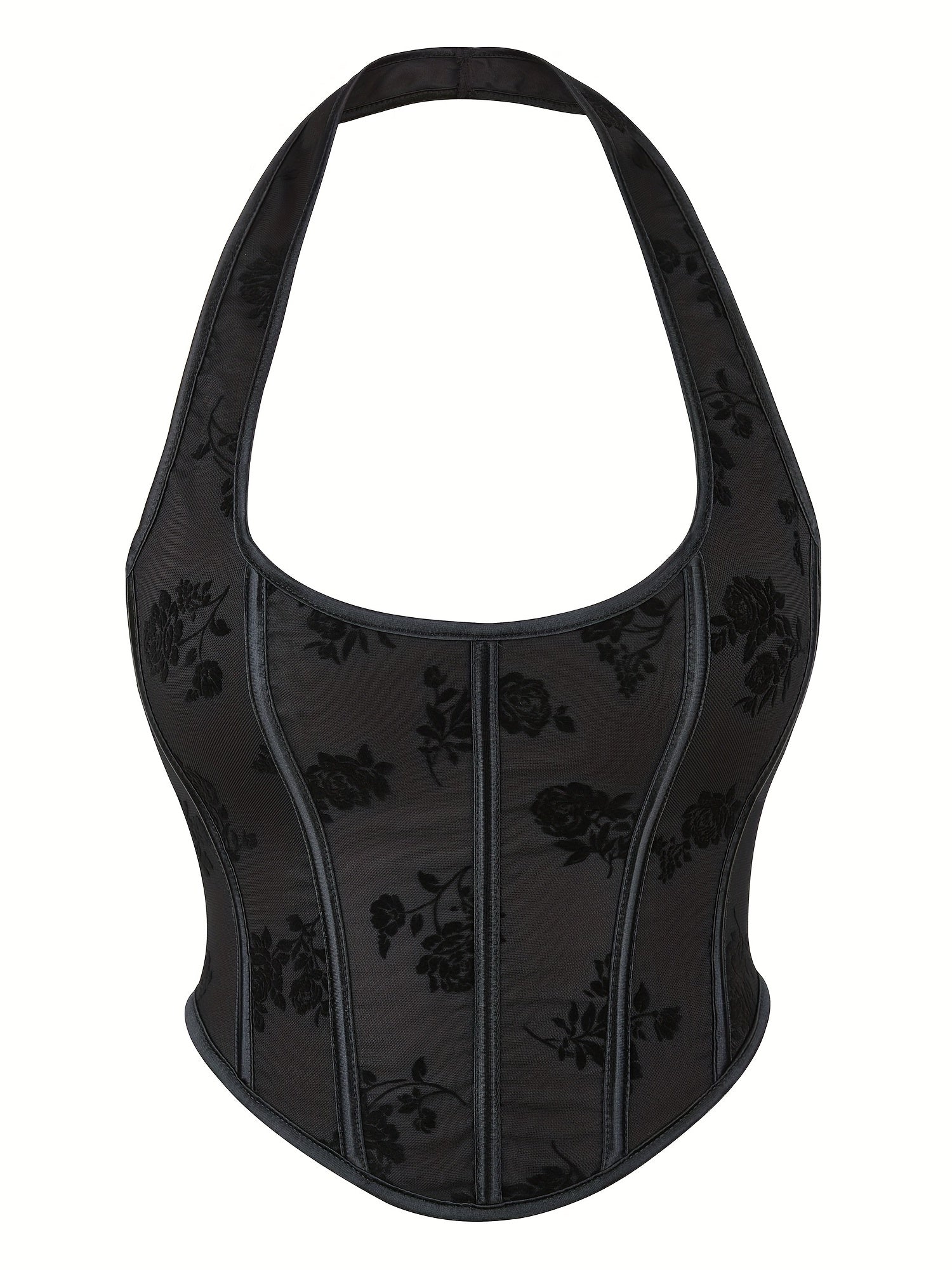 Floral Pattern Bustier Mesh Halter Top for Summer