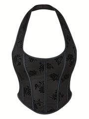 Floral Pattern Bustier Mesh Halter Top for Summer