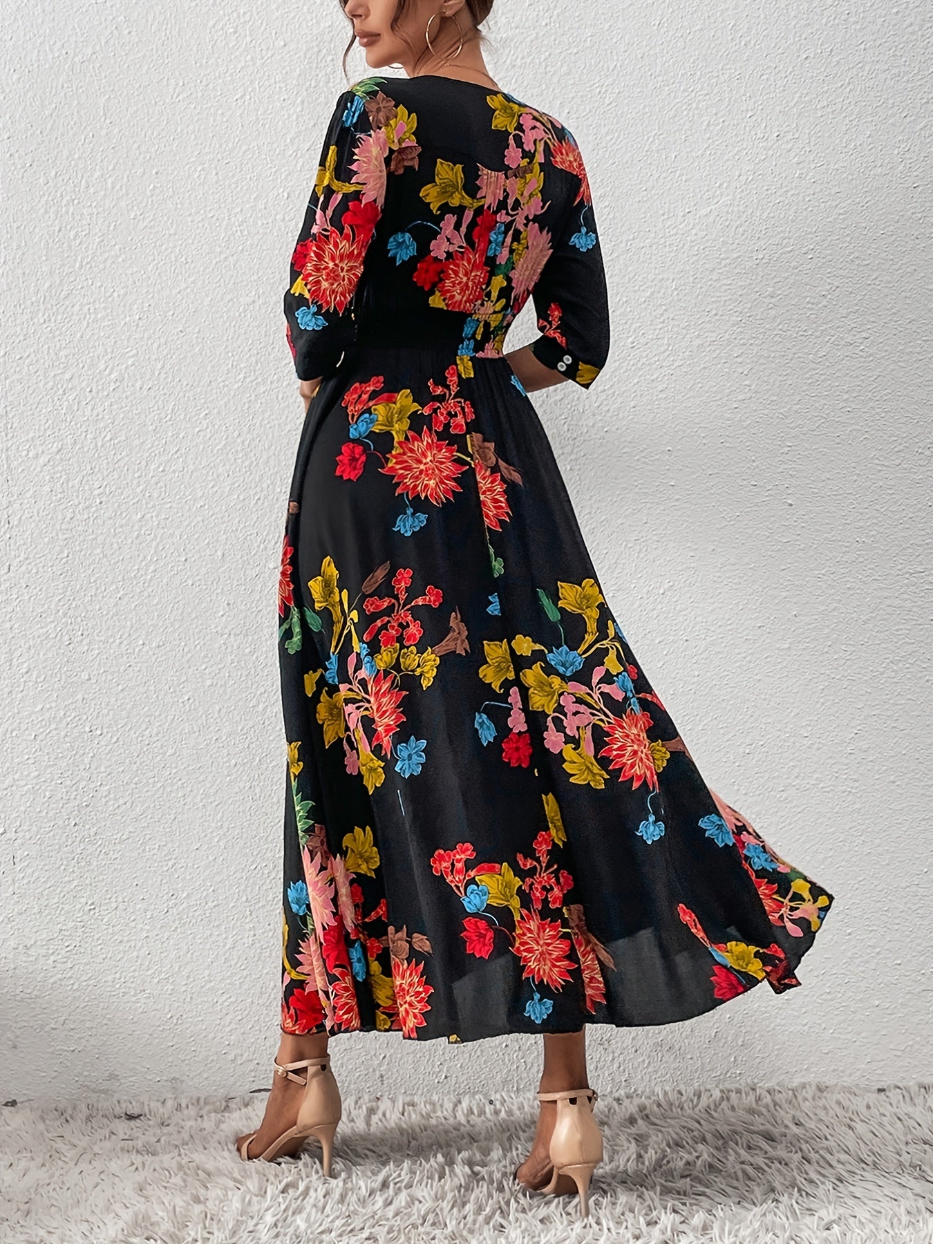 Floral Print Dress V Neck Short Sleeve Dress Casual Every Dress Women's Clothing
