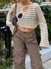Y2K Crochet Crop Top Long Sleeve Solid Casual Top Women
