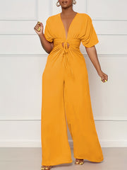 Casual Jumpsuit Solid Cut Out Drawstring Ruched Wide Leg Jumpsuit