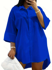 Stylish Blouse Solid Three Quarter Sleeve Button Up Shirt