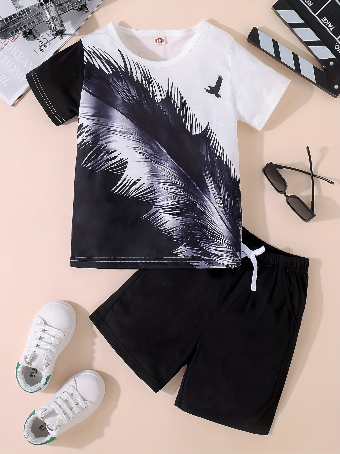 Boys Feather Graphic Casual Outfit T-shirt & Shorts Summer Clothes Set