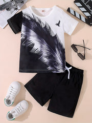 Boys Feather Graphic Casual Outfit T-shirt & Shorts Summer Clothes Set
