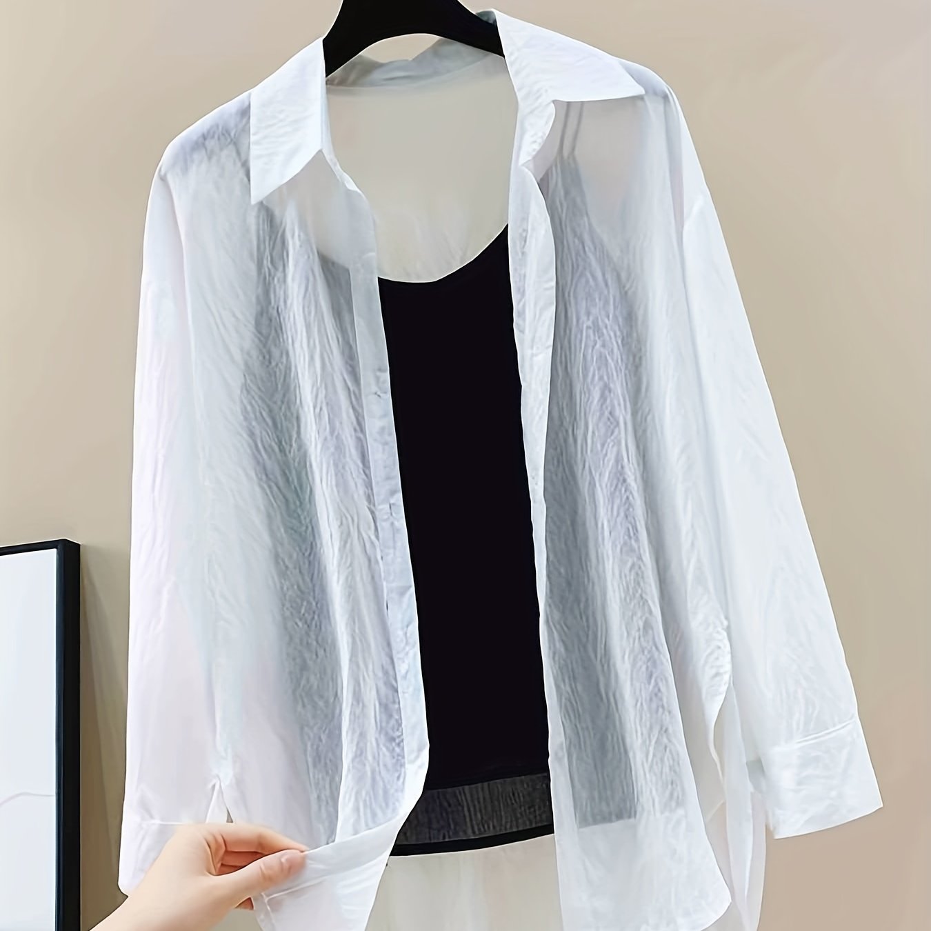 Sheer Cover Up Shirt Long Sleeves Split Lapel Rash Guard Shirt Women's Swimwear