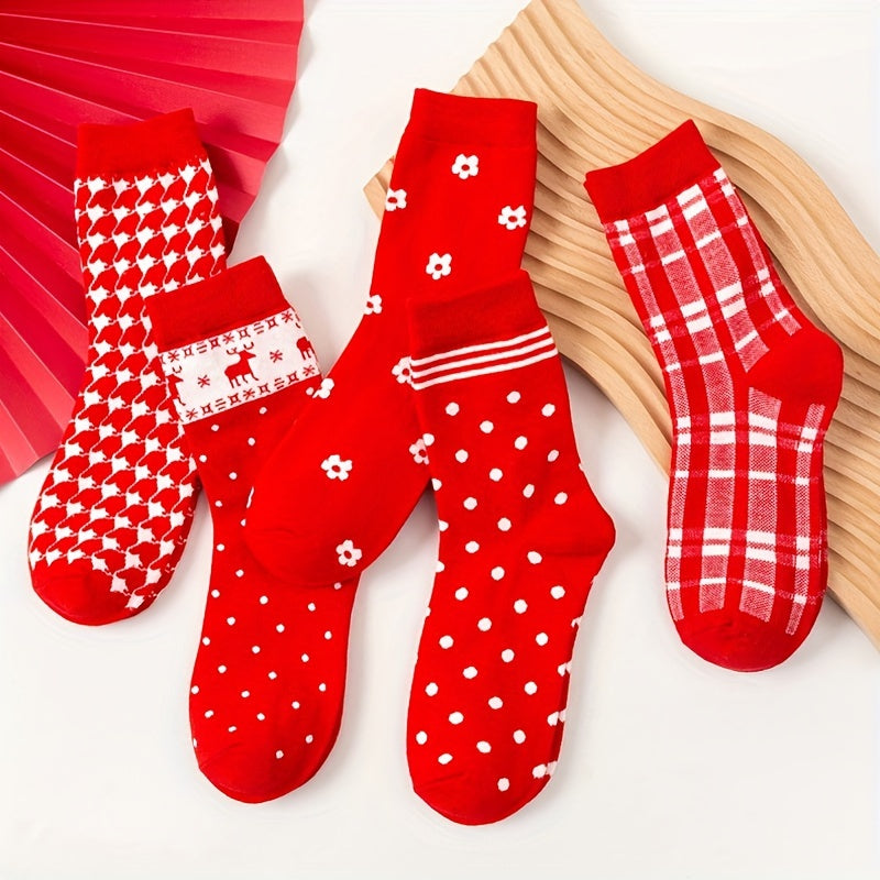 5 Pairs Christmas Print Socks Women's Stockings & Hosiery