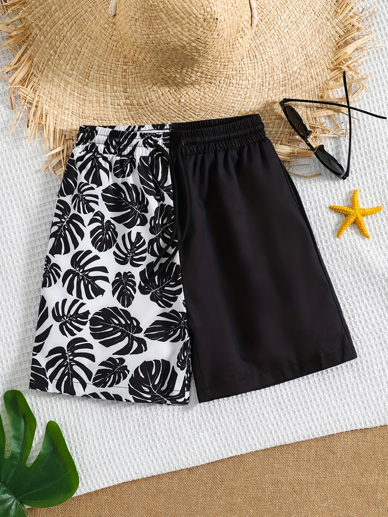 Boy's Plant Pattern Beach Shorts Drawstring Stretchy Casual Kids Clothes