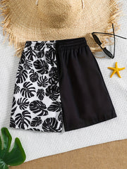 Boy's Plant Pattern Beach Shorts Drawstring Stretchy Casual Kids Clothes
