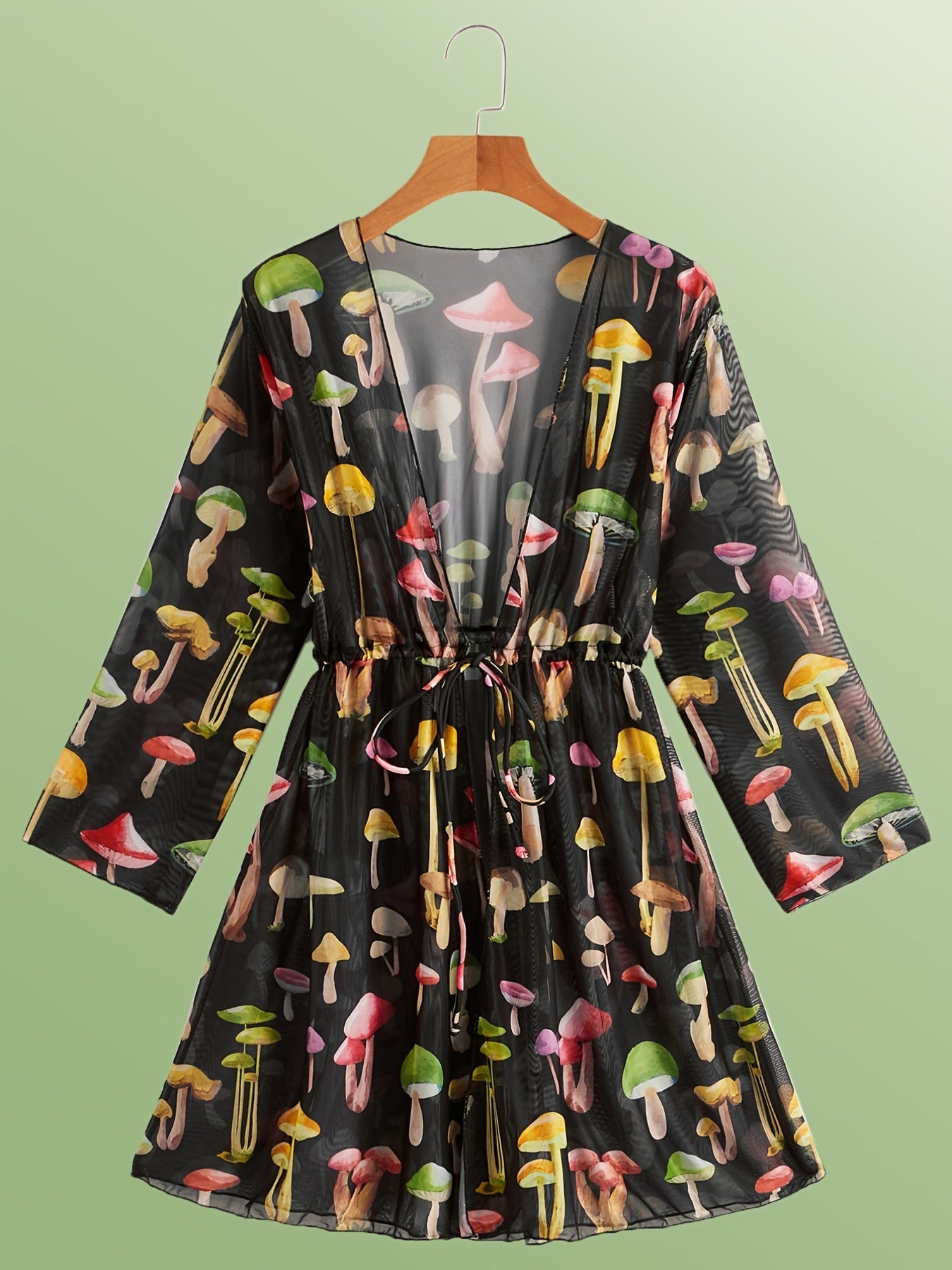 Mushroom Print Long Sleeve Cover Ups Semi Sheer High Stretch