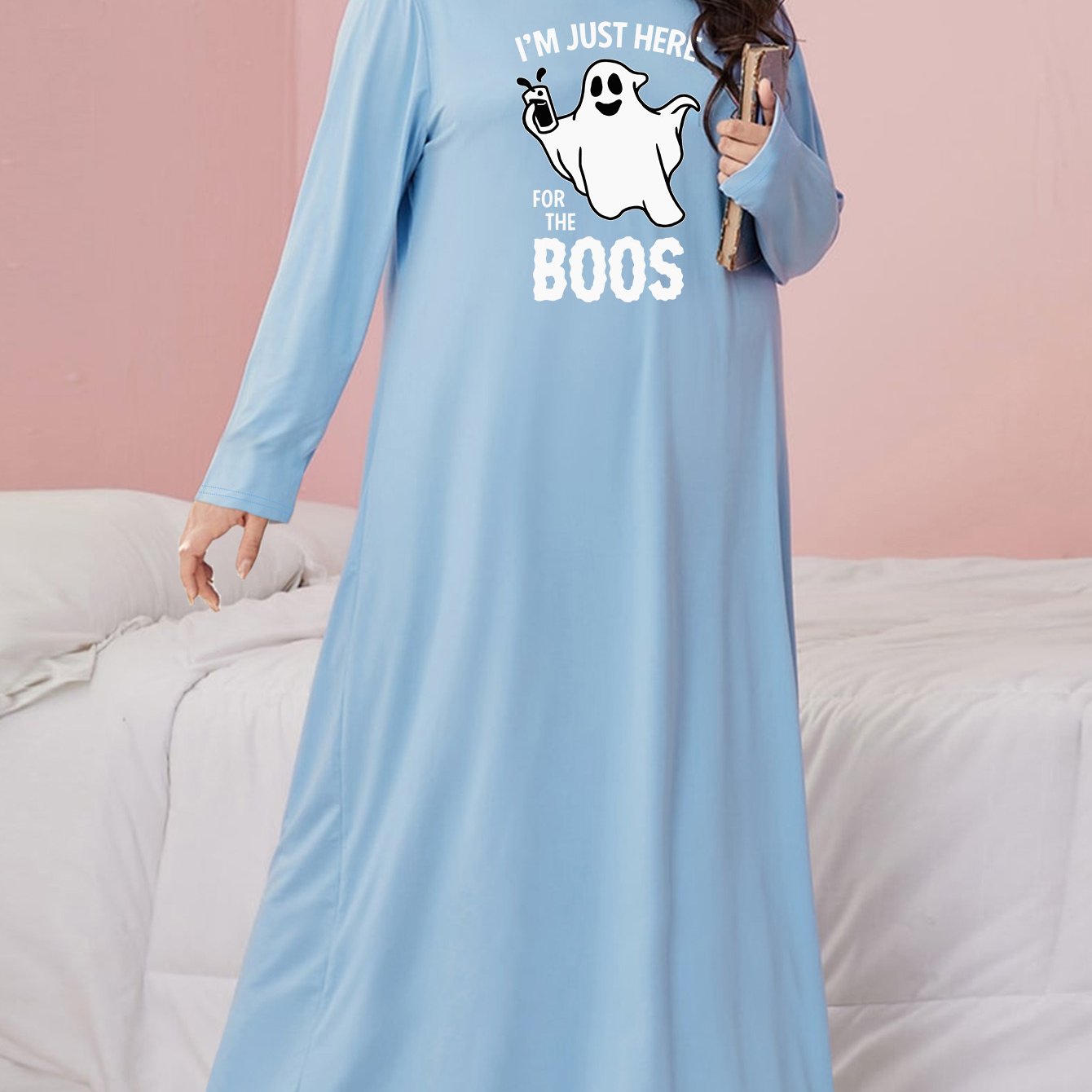 Ghost Print Long Sleeve Nightdress Plus Size