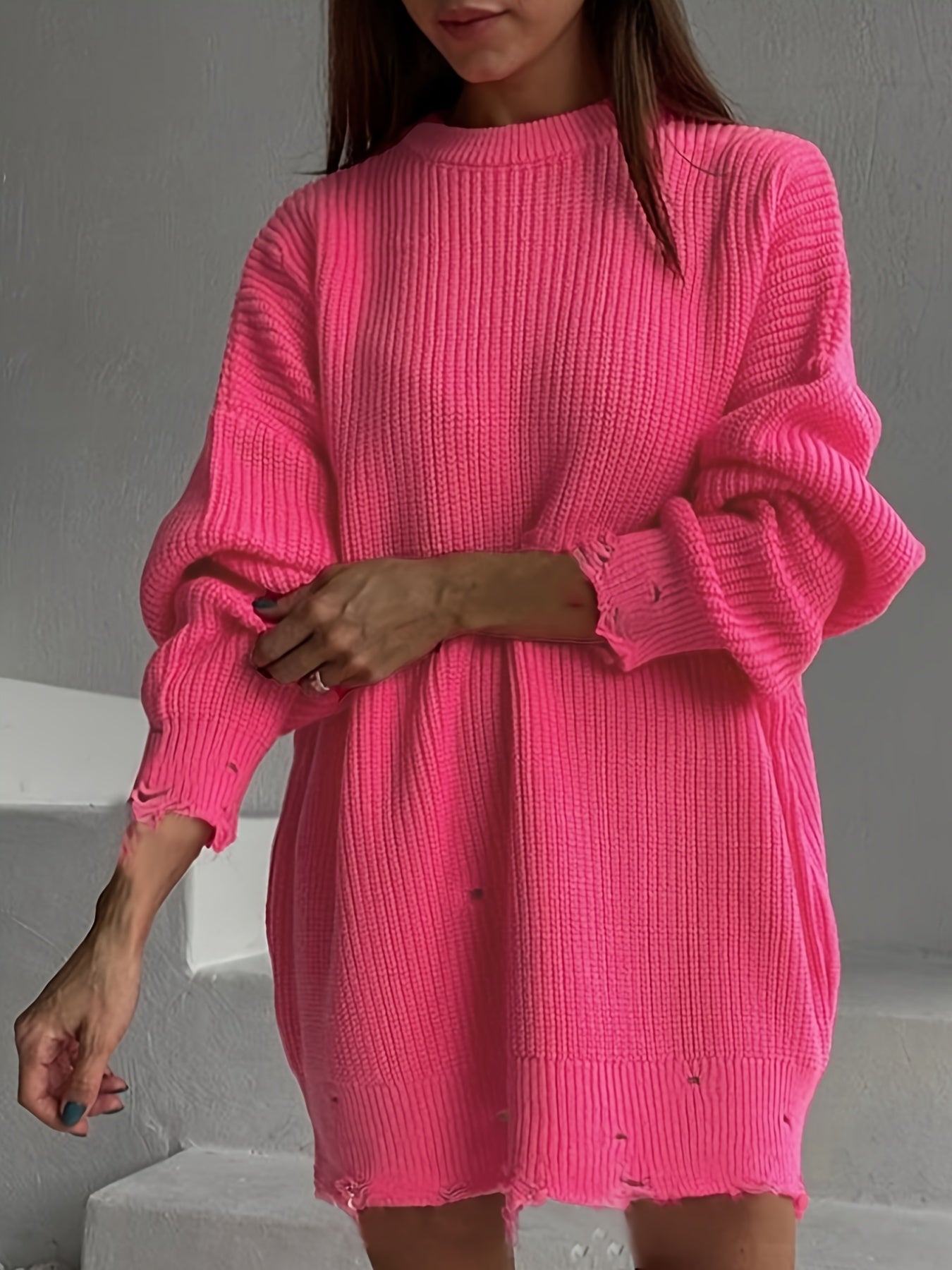 Ripped Pullover Knitted Top Casual Drop Shoulder Sweater
