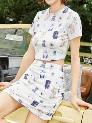 Cat Print 2Pc Set Short Sleeve Crop Tee & High Waist Bodycon Skirt
