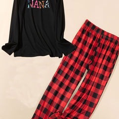 Slogan Print Tee & Plaid Pants Pajama Set
