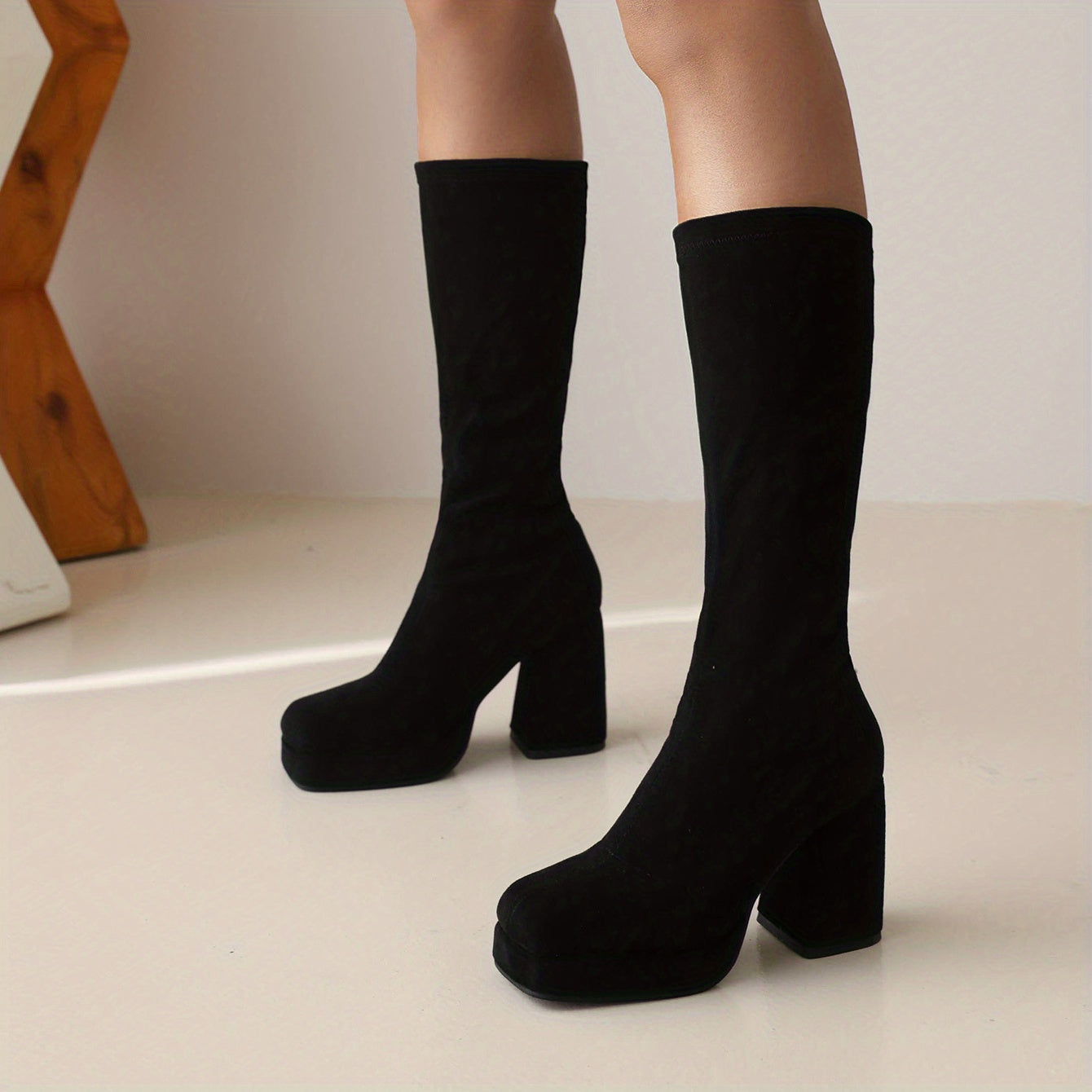 Women's Chunky Heel Slip On Platform Boots Square Toe