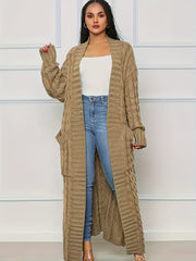 Solid Cable Long Sleeve Maxi Cardigan With Pockets