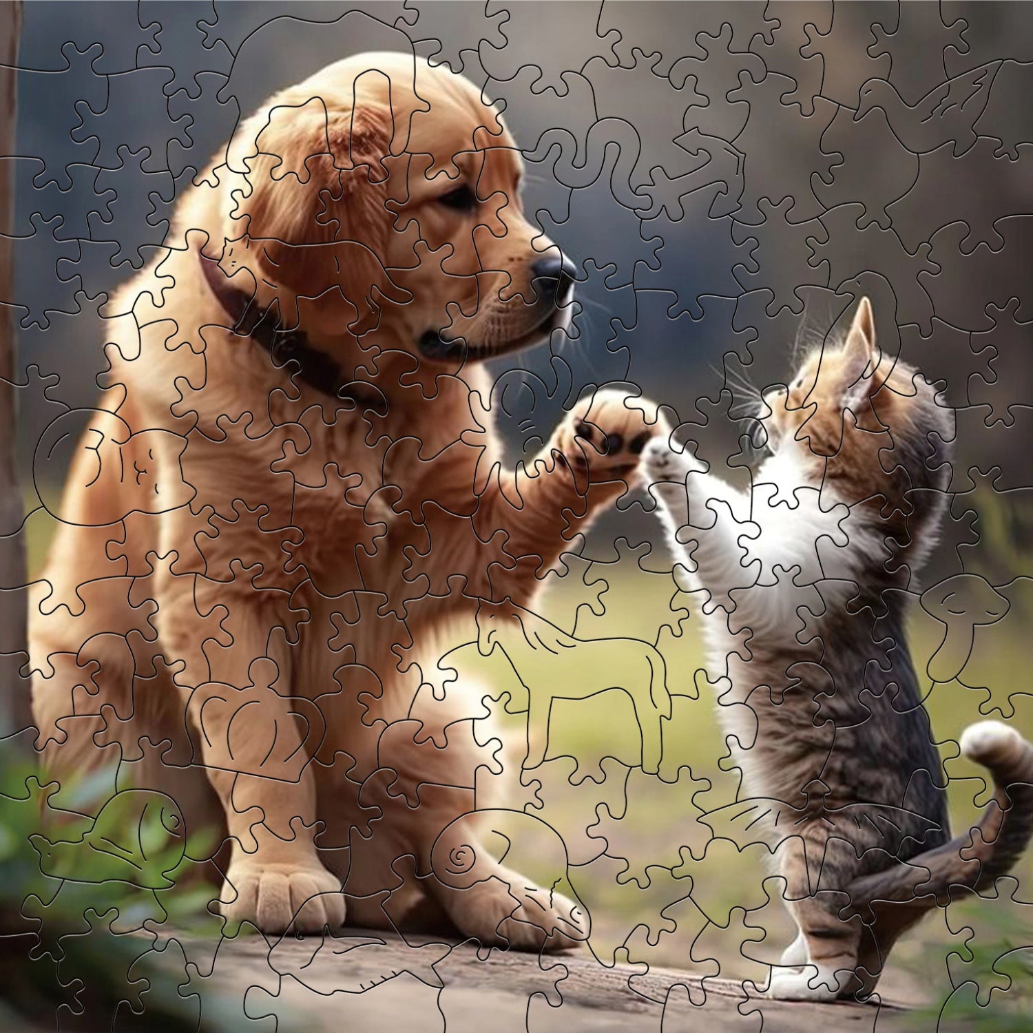 Wooden Puzzle Friendly Dog & Kitten High Five Challenging Plywood Puzzle