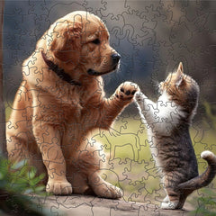 Wooden Puzzle Friendly Dog & Kitten High Five Challenging Plywood Puzzle