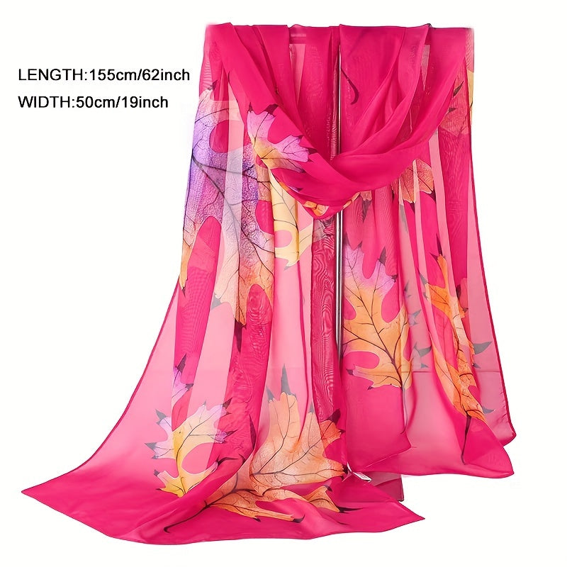 Maple Leaf Print Chiffon Scarf Silk Shawl Casual Windproof Head Wrap