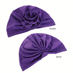 Flower Decor Ruched Turban Cap Solid Bonnet Head Wrap Head Scarf Elastic Beanie