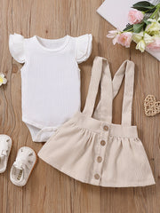 Baby Girl Causal Set Cotton Flying Sleeve Jumpsuit & Corduroy Suspender Skirt