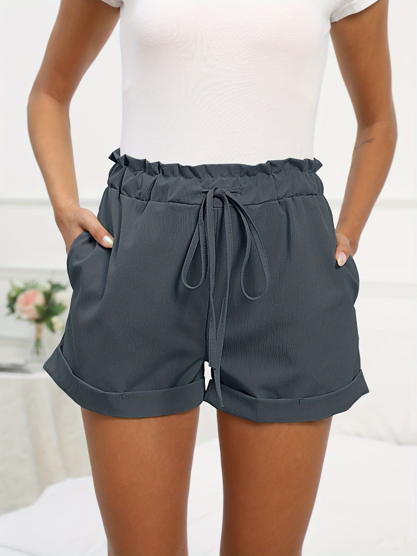 Elastic Drawstring High Rise Roll Up Shorts