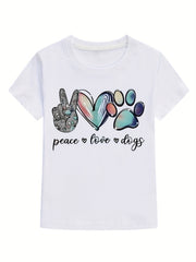 Boy's Peace Love Dogs Print T shirt Active Short Sleeves Tee Top